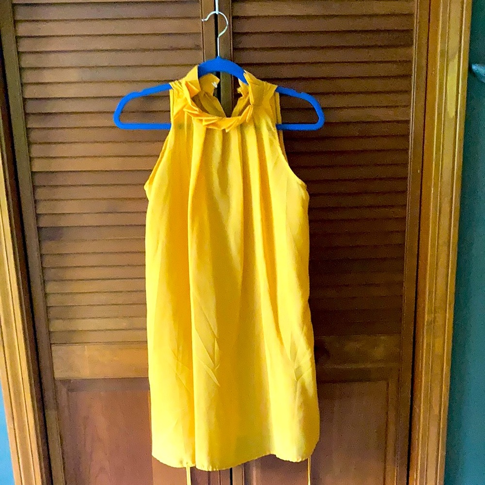 Sheer yellow summer dress, no size, button behind neck with wraparound waist tie